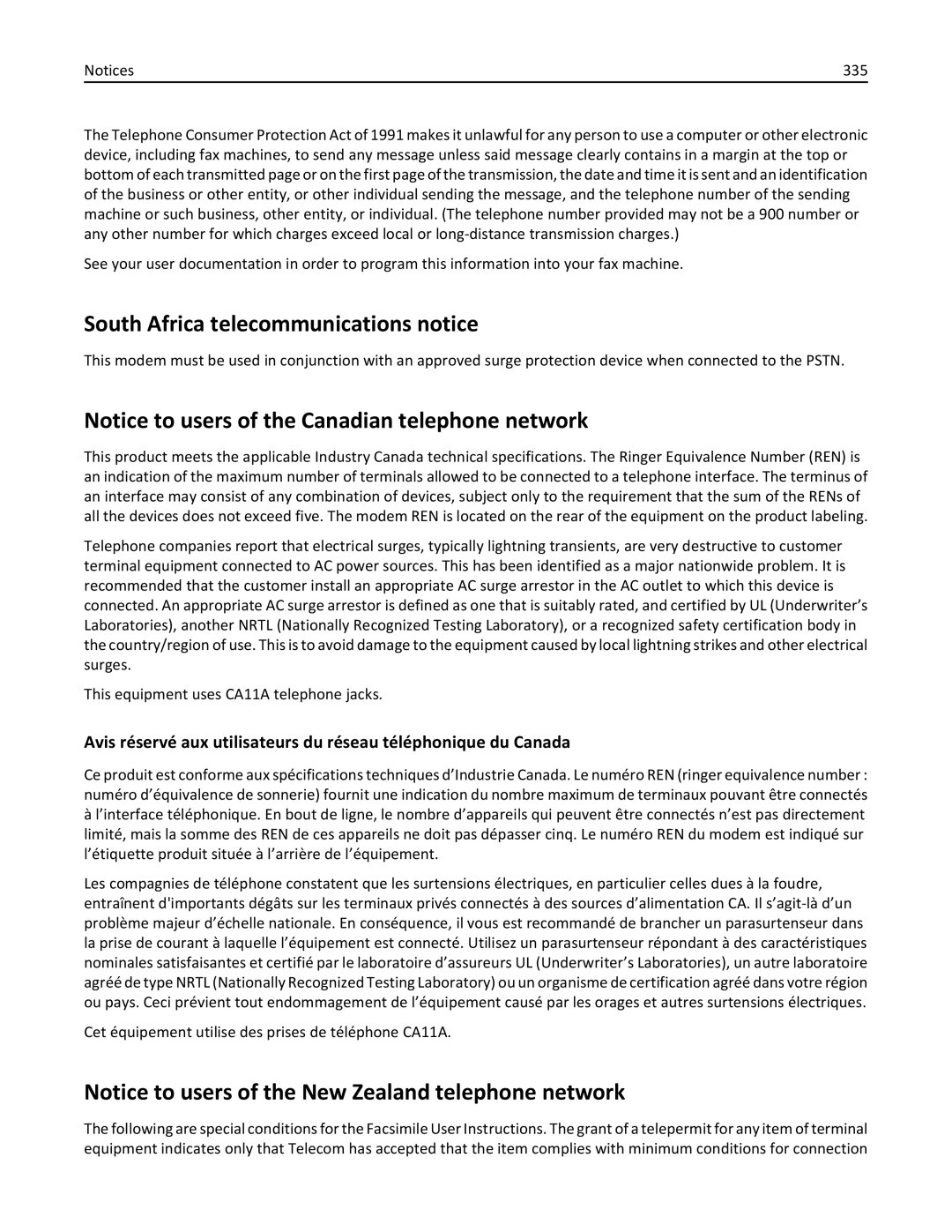 Lexmark 34T5012 manual South Africa telecommunications notice, 335 