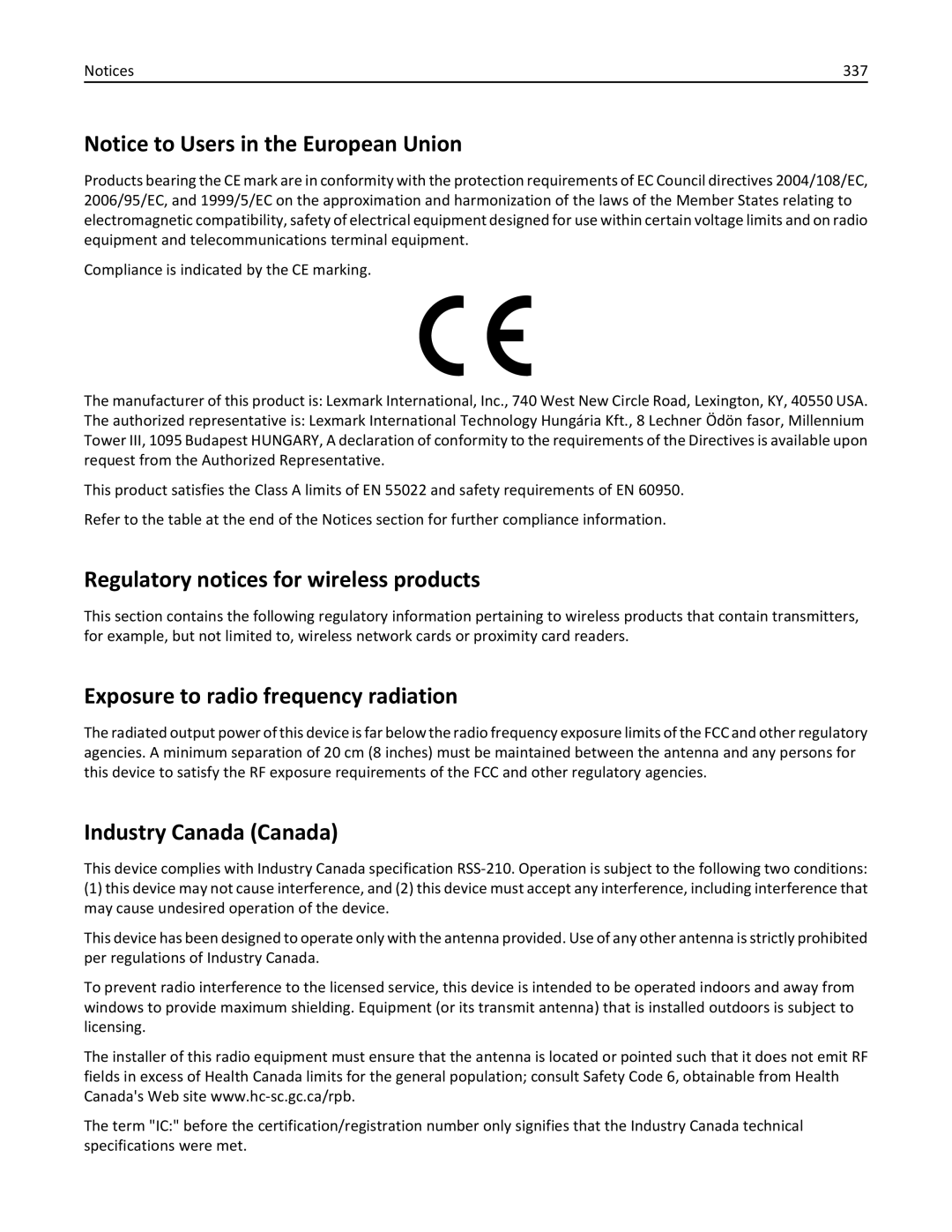 Lexmark 34T5012 Regulatory notices for wireless products, Exposure to radio frequency radiation, Industry Canada Canada 