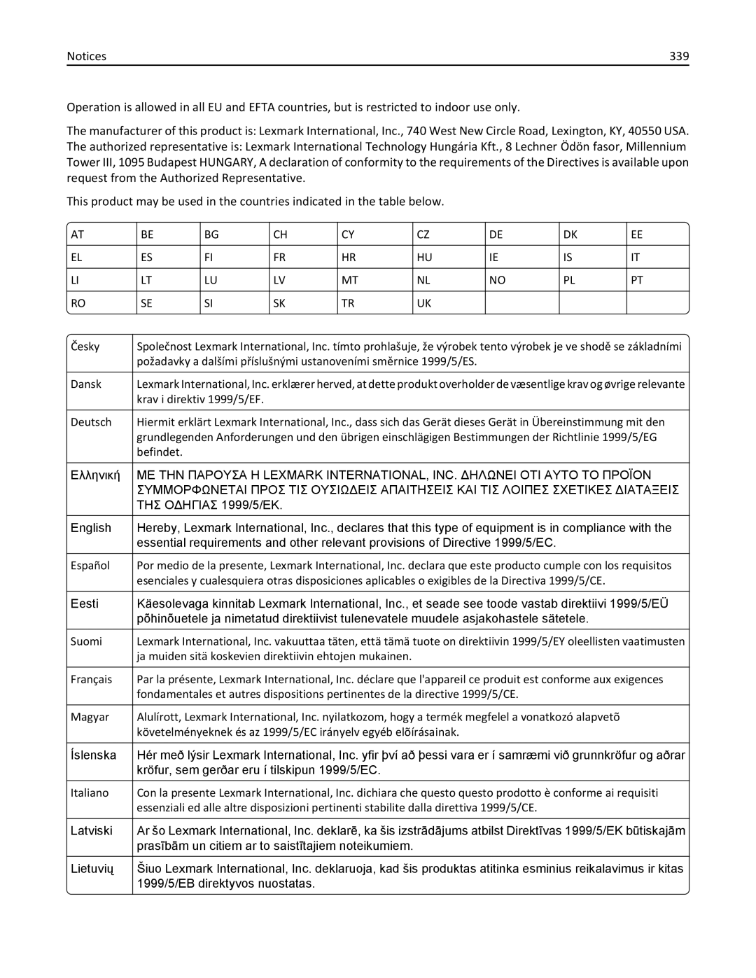 Lexmark 34T5012 manual 339, ΤΗΣ Οδηγιασ 1999/5/ΕΚ 