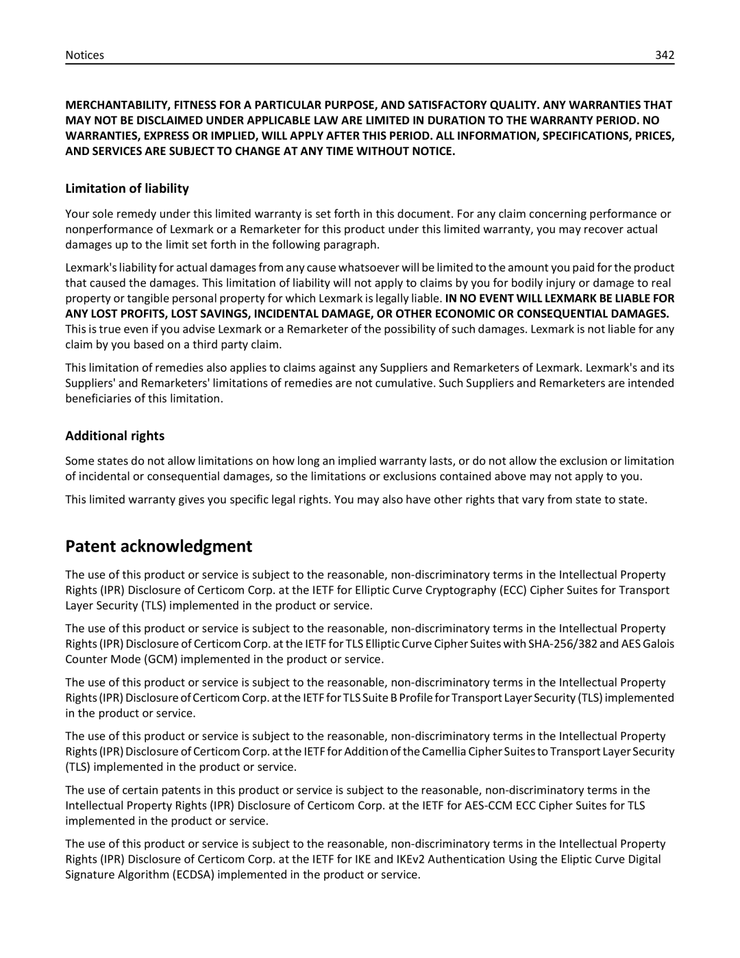 Lexmark 34T5012 manual Patent acknowledgment, Limitation of liability, Additional rights, 342 