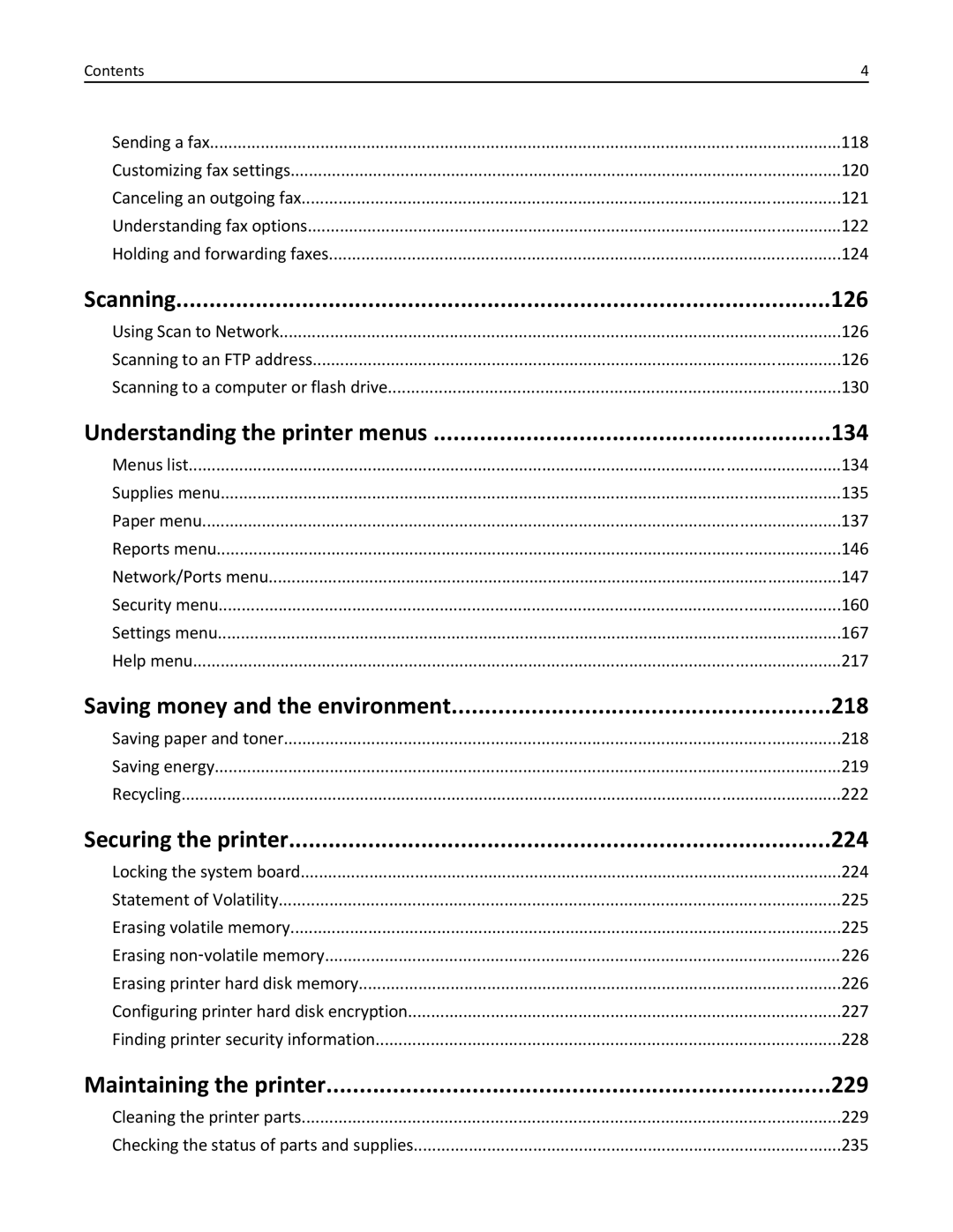 Lexmark 34T5012 manual Scanning 126, Understanding the printer menus 134, Saving money and the environment 218 