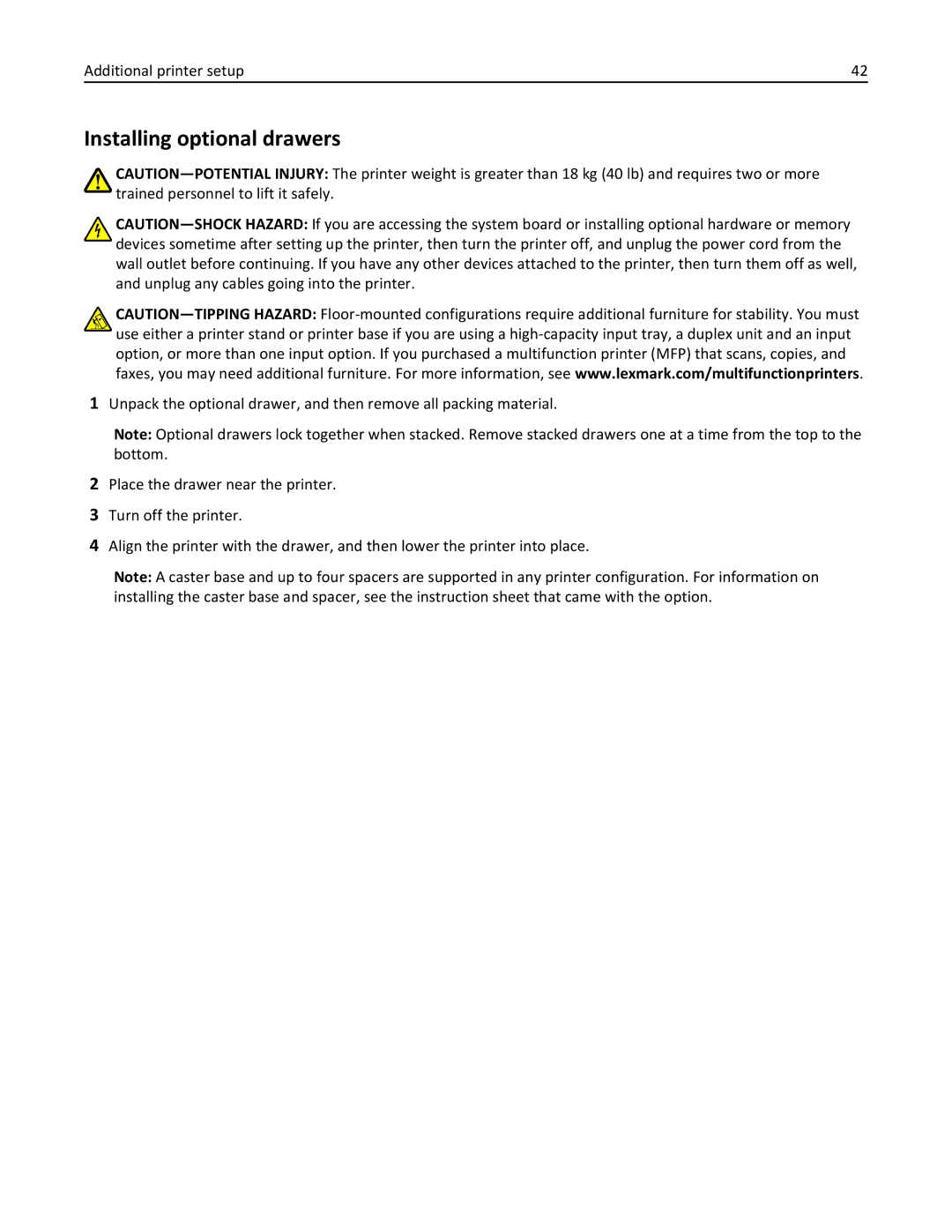 Lexmark 34T5012 manual Installing optional drawers 