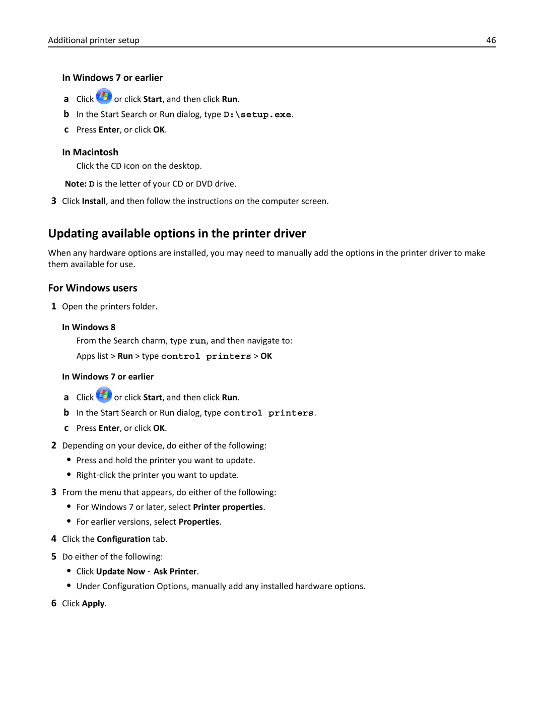 Lexmark 34T5012 manual Updating available options in the printer driver, For Windows users, Windows 7 or earlier, Macintosh 