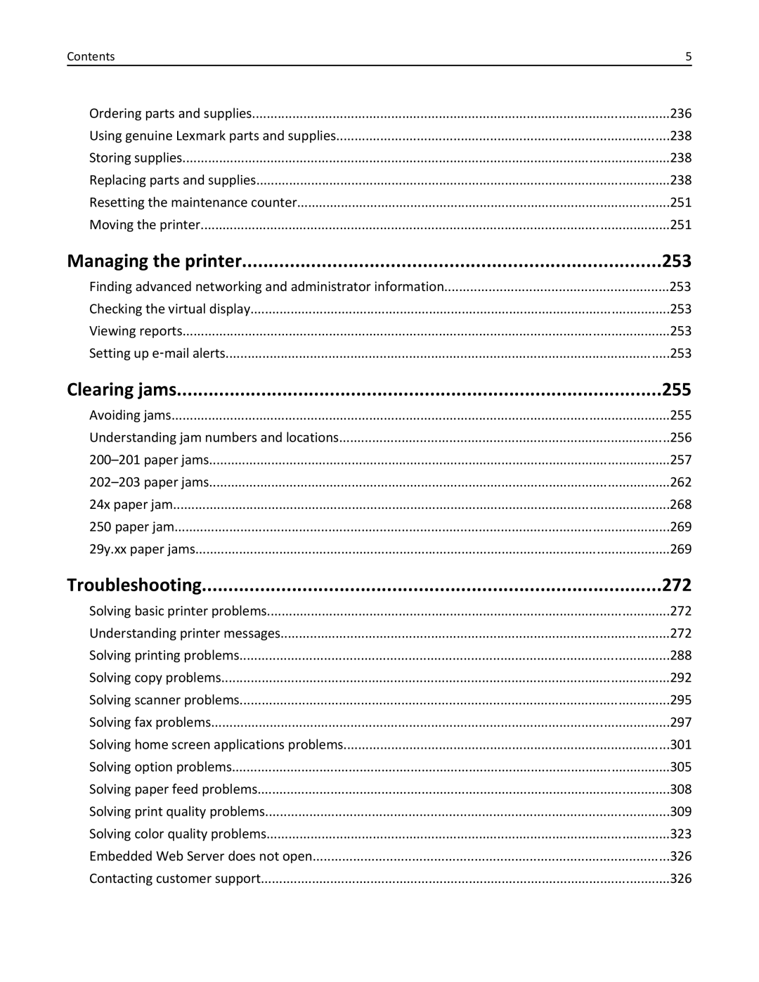 Lexmark 34T5012 manual Managing the printer 253, Clearing jams 255, Troubleshooting 272 