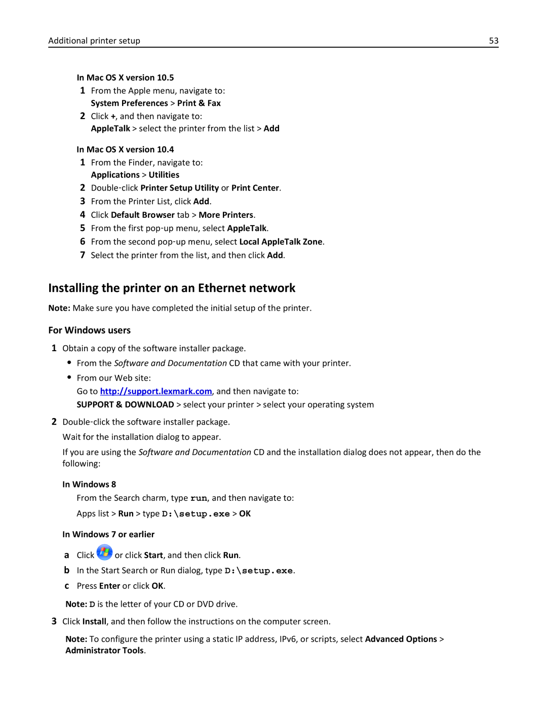 Lexmark 34T5012 manual Installing the printer on an Ethernet network, For Windows users, From the Printer List, click Add 