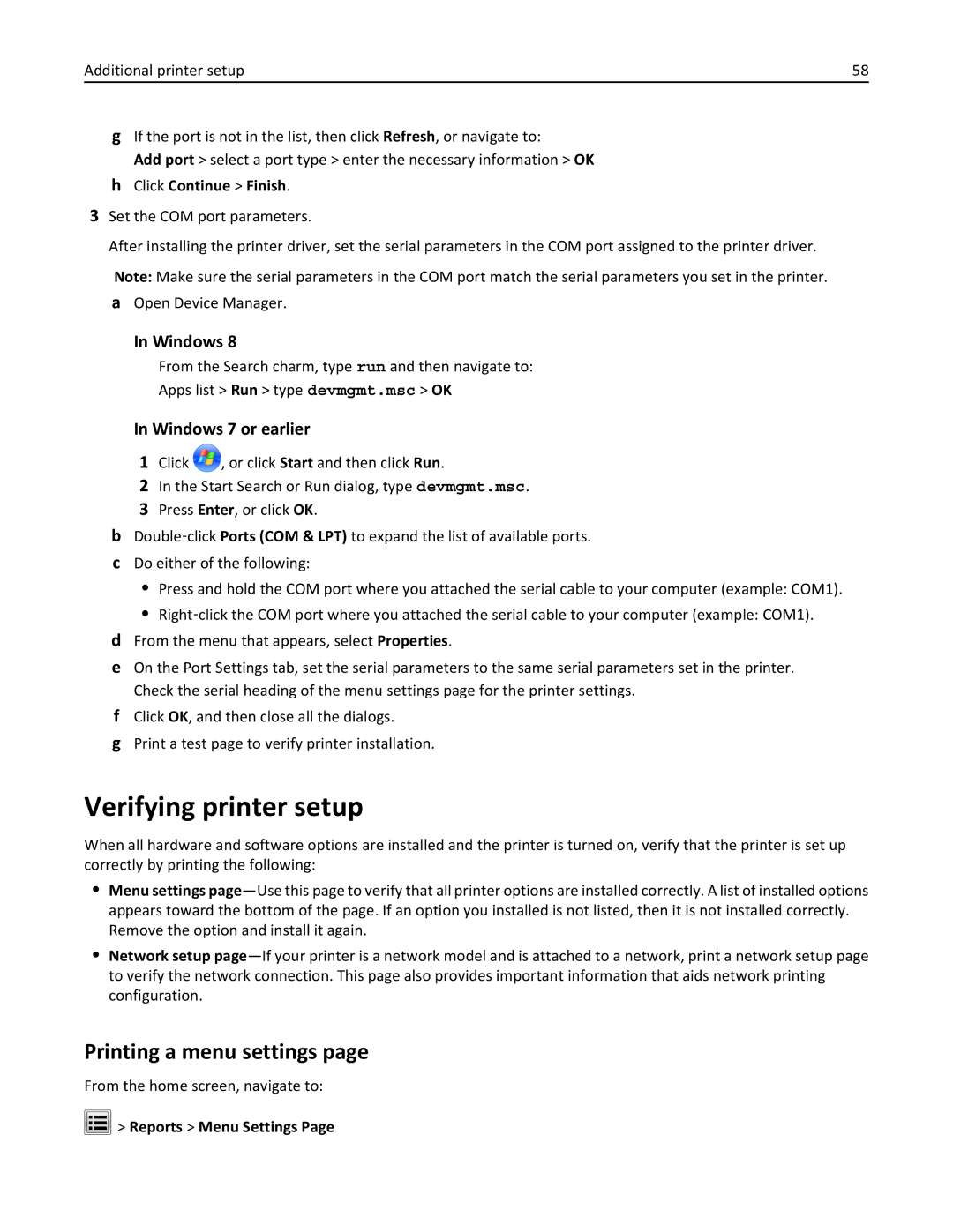 Lexmark 34T5012 manual Verifying printer setup, Printing a menu settings, Click Continue Finish, Reports Menu Settings 