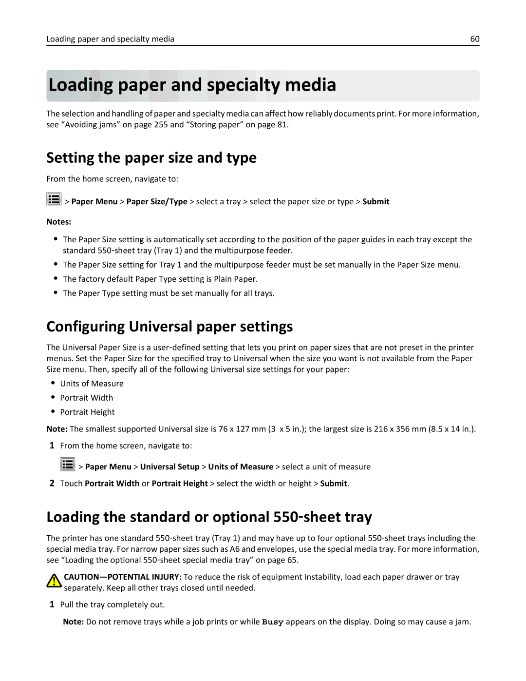 Lexmark 34T5012 Loading paper and specialty media, Setting the paper size and type, Configuring Universal paper settings 