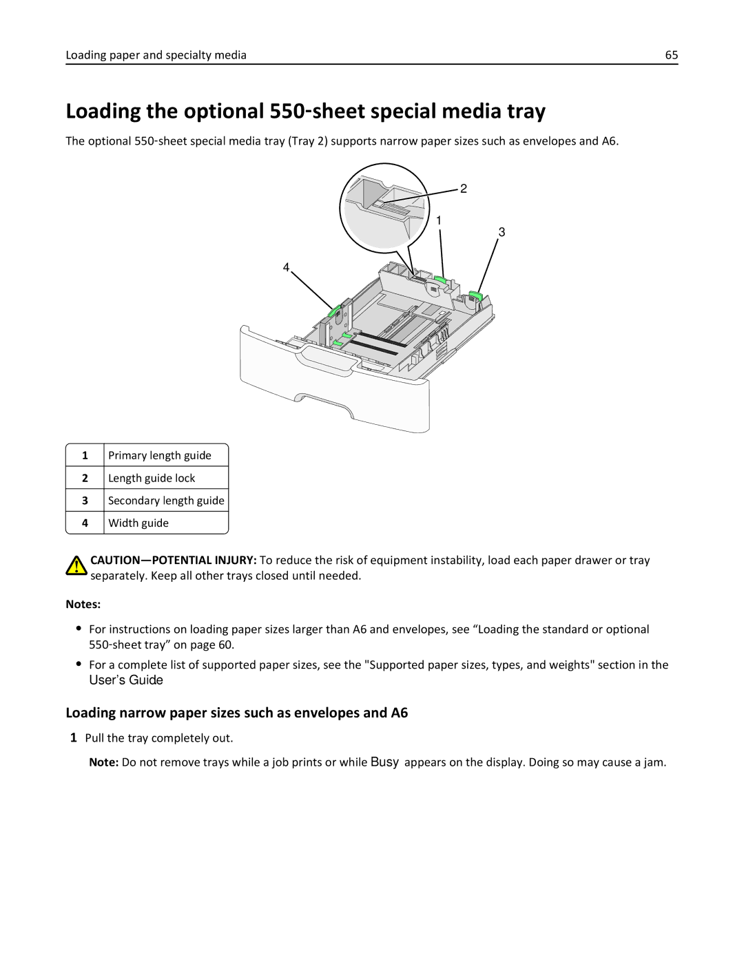 Lexmark 34T5012 Loading the optional 550‑sheet special media tray, Loading narrow paper sizes such as envelopes and A6 