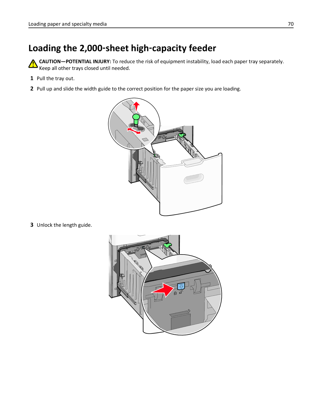 Lexmark 34T5012 manual Loading the 2,000‑sheet high‑capacity feeder, Loading paper and specialty media 