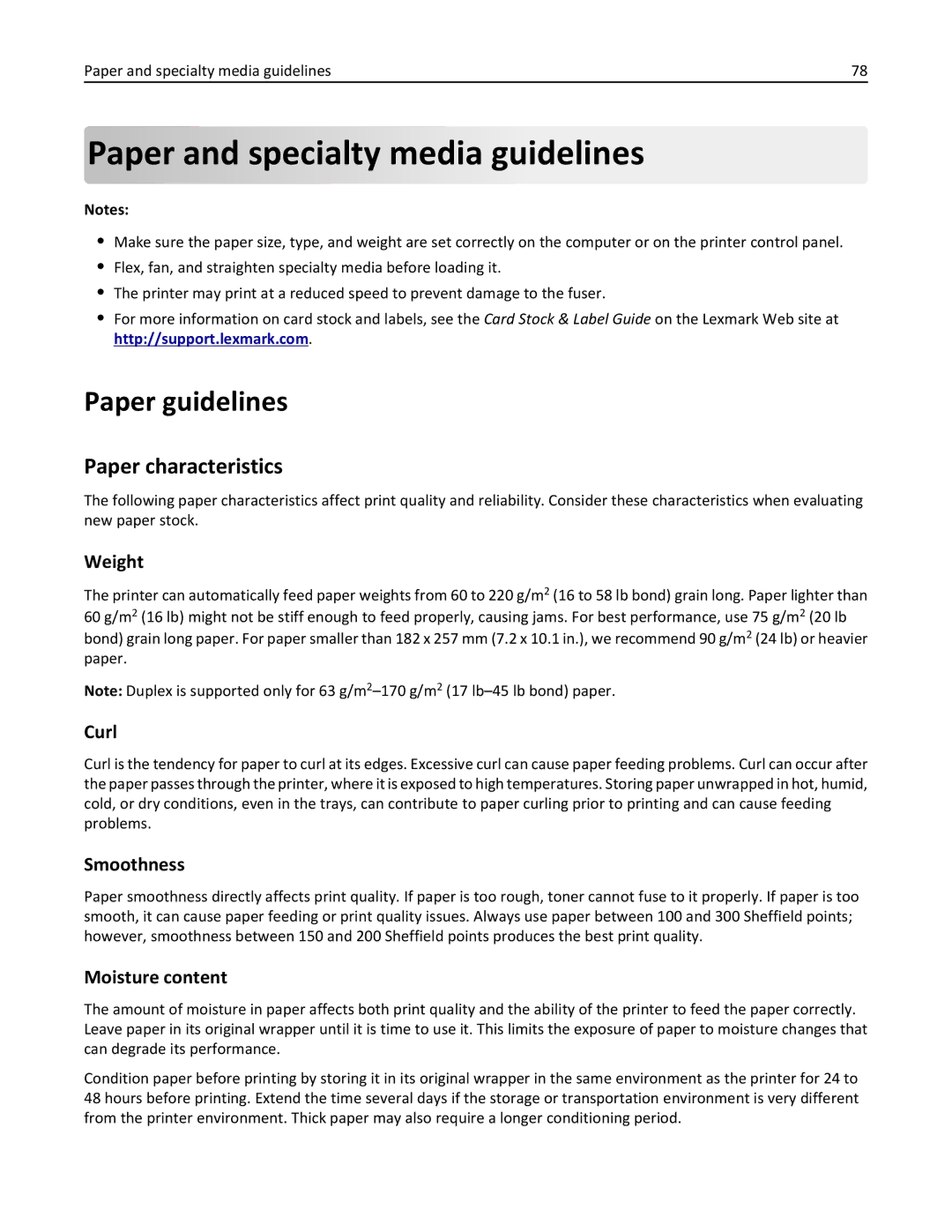 Lexmark 34T5012 manual Paper and specialty media guidelines, Paper guidelines, Paper characteristics 