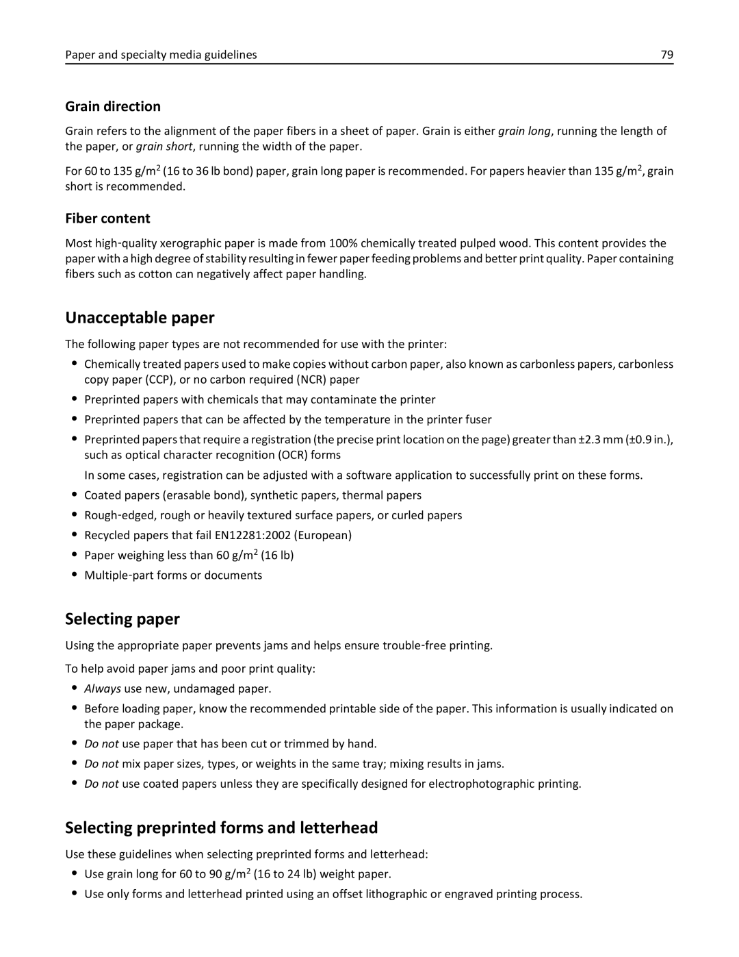 Lexmark 34T5012 manual Unacceptable paper, Selecting paper, Selecting preprinted forms and letterhead, Grain direction 