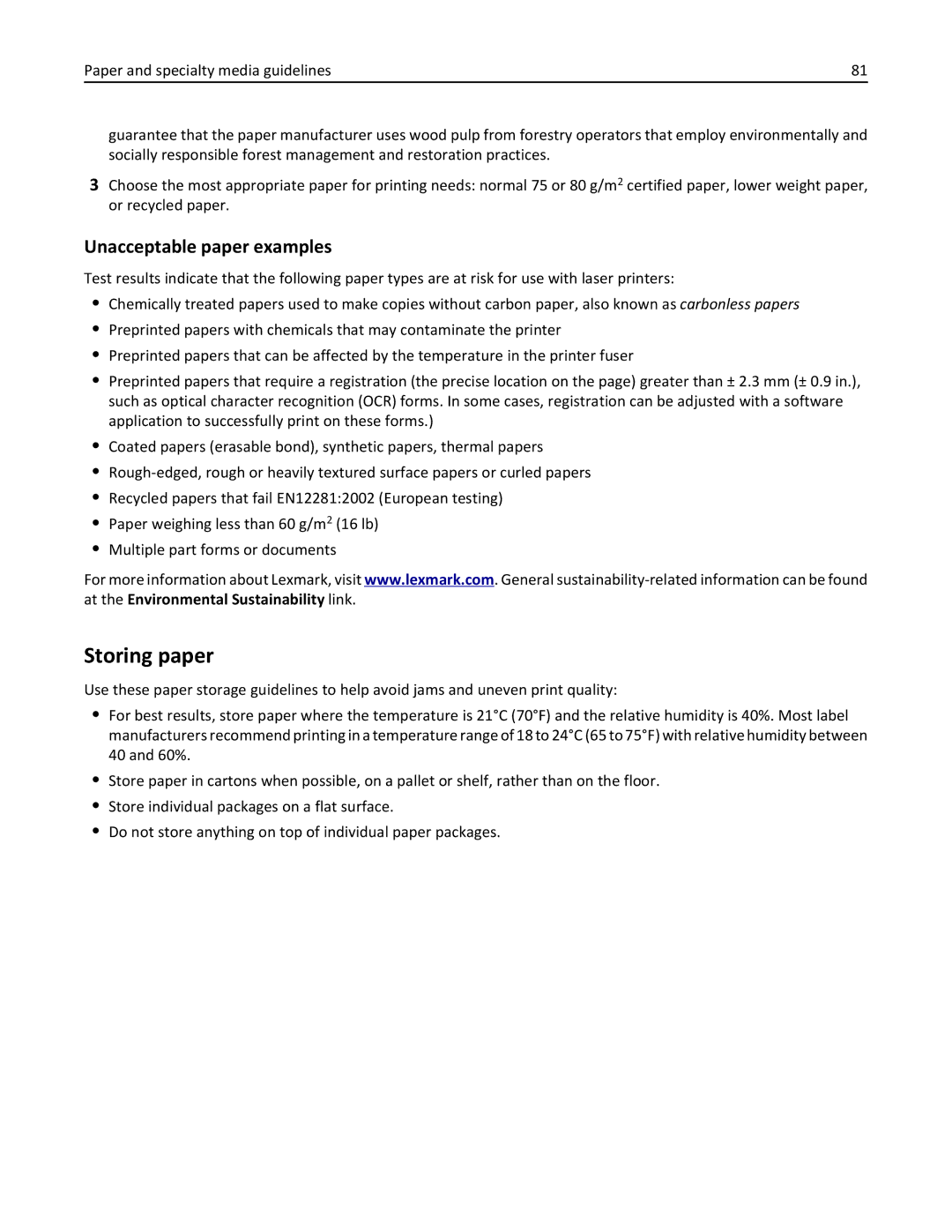 Lexmark 34T5012 manual Storing paper, Unacceptable paper examples 