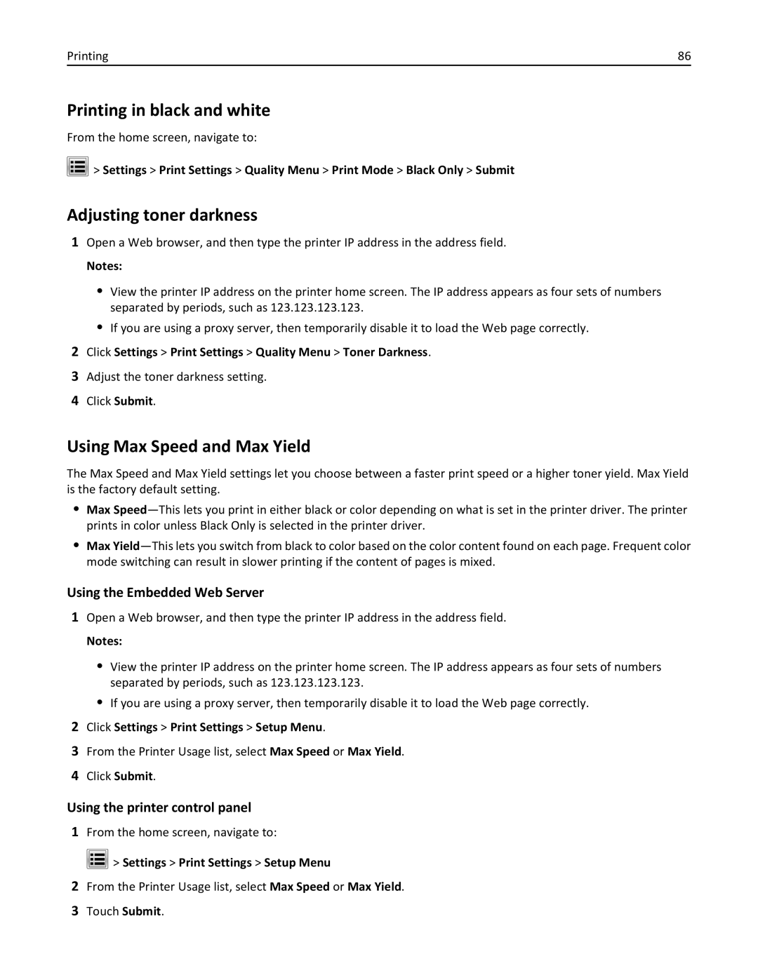 Lexmark 34T5012 manual Printing in black and white, Adjusting toner darkness, Using Max Speed and Max Yield 