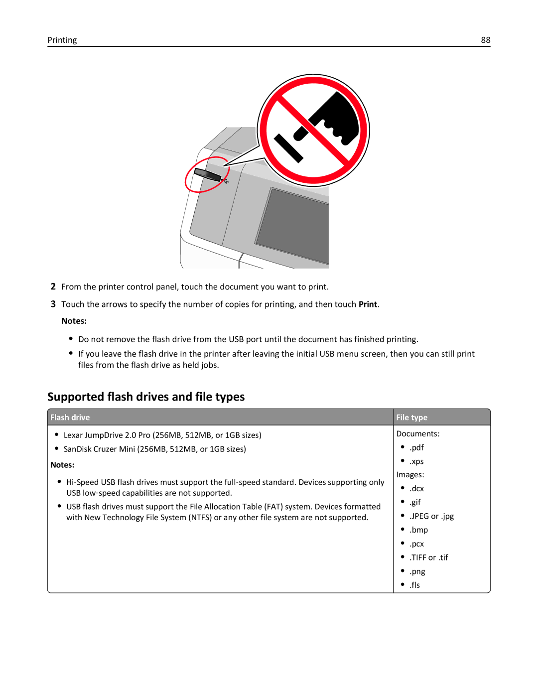 Lexmark 34T5012 manual Supported flash drives and file types, Flash drive File type 