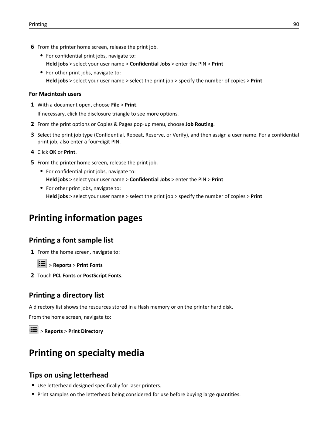 Lexmark 34T5012 manual Printing information pages, Printing on specialty media, Printing a font sample list 