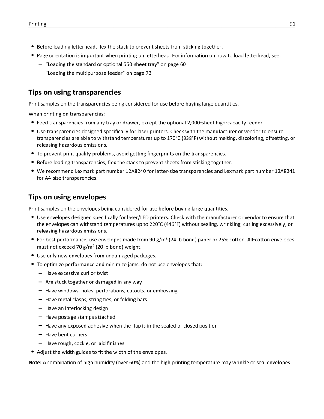 Lexmark 34T5012 manual Tips on using transparencies, Tips on using envelopes 