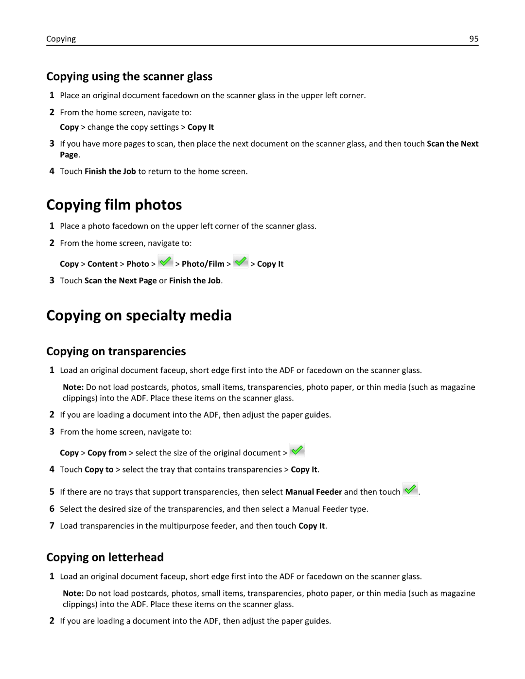 Lexmark 34T5012 Copying film photos, Copying on specialty media, Copying using the scanner glass, Copying on letterhead 