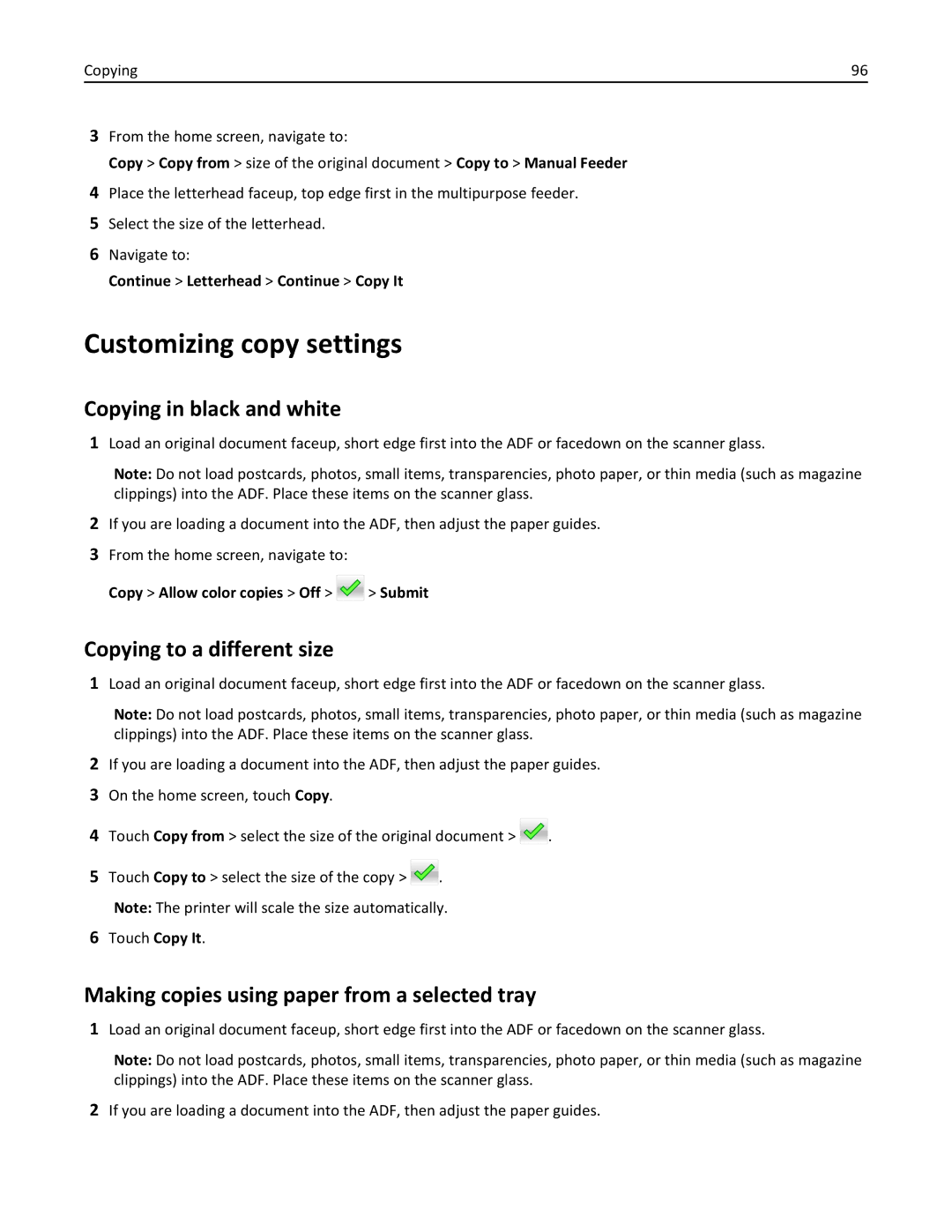 Lexmark 34T5012 manual Customizing copy settings, Copying in black and white, Copying to a different size 