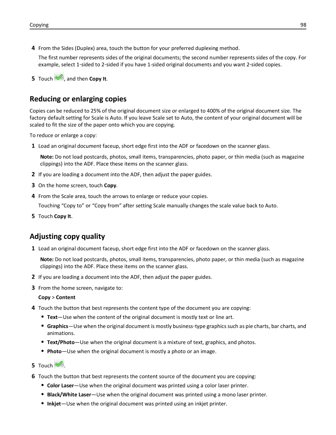 Lexmark 34T5012 manual Reducing or enlarging copies, Adjusting copy quality 