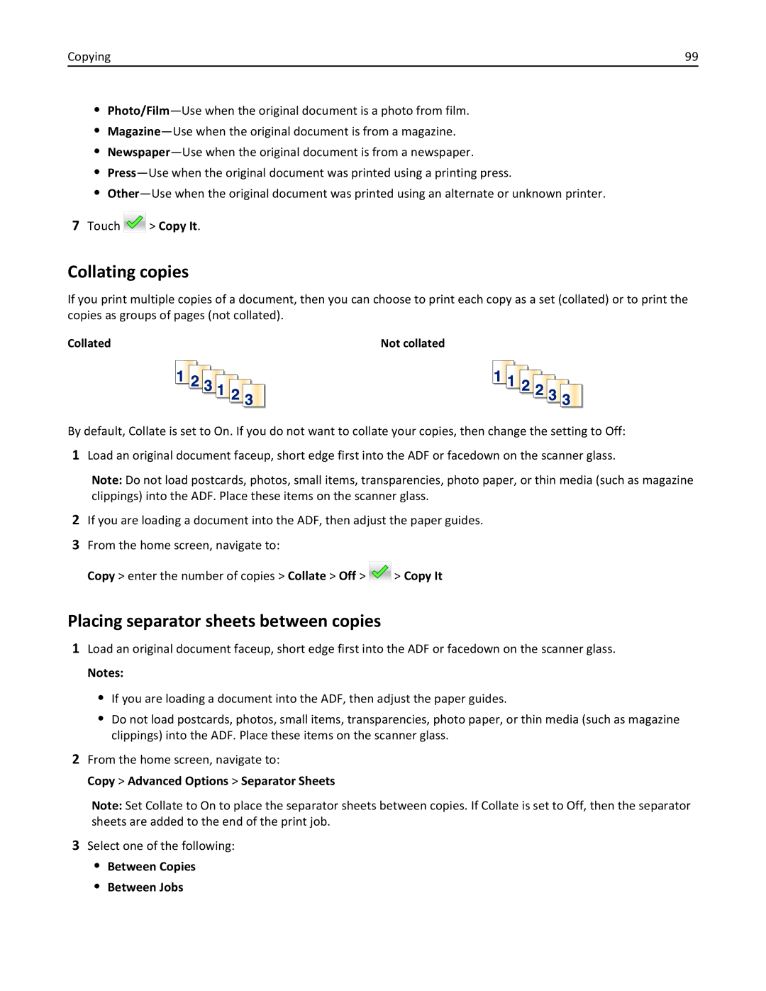 Lexmark 34T5012 manual Collating copies, Placing separator sheets between copies, Copy Advanced Options Separator Sheets 