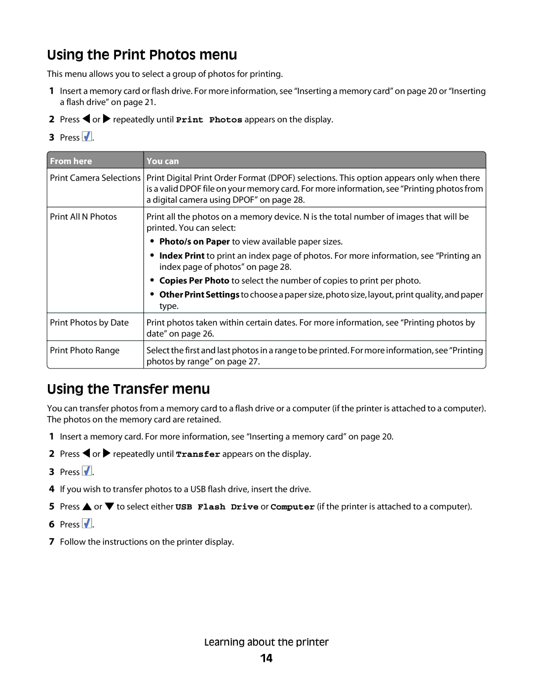 Lexmark 350 Series manual Using the Print Photos menu, Using the Transfer menu, From here You can 