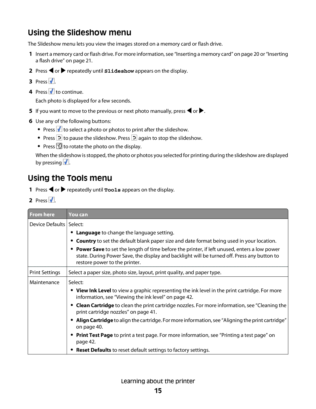 Lexmark 350 Series manual Using the Slideshow menu, Using the Tools menu 