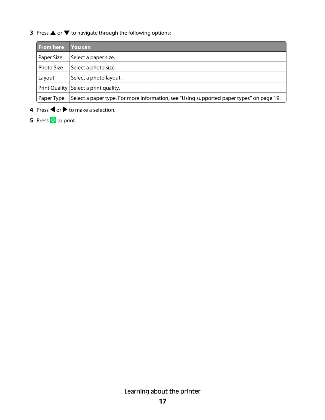 Lexmark 350 Series manual Press or to navigate through the following options 