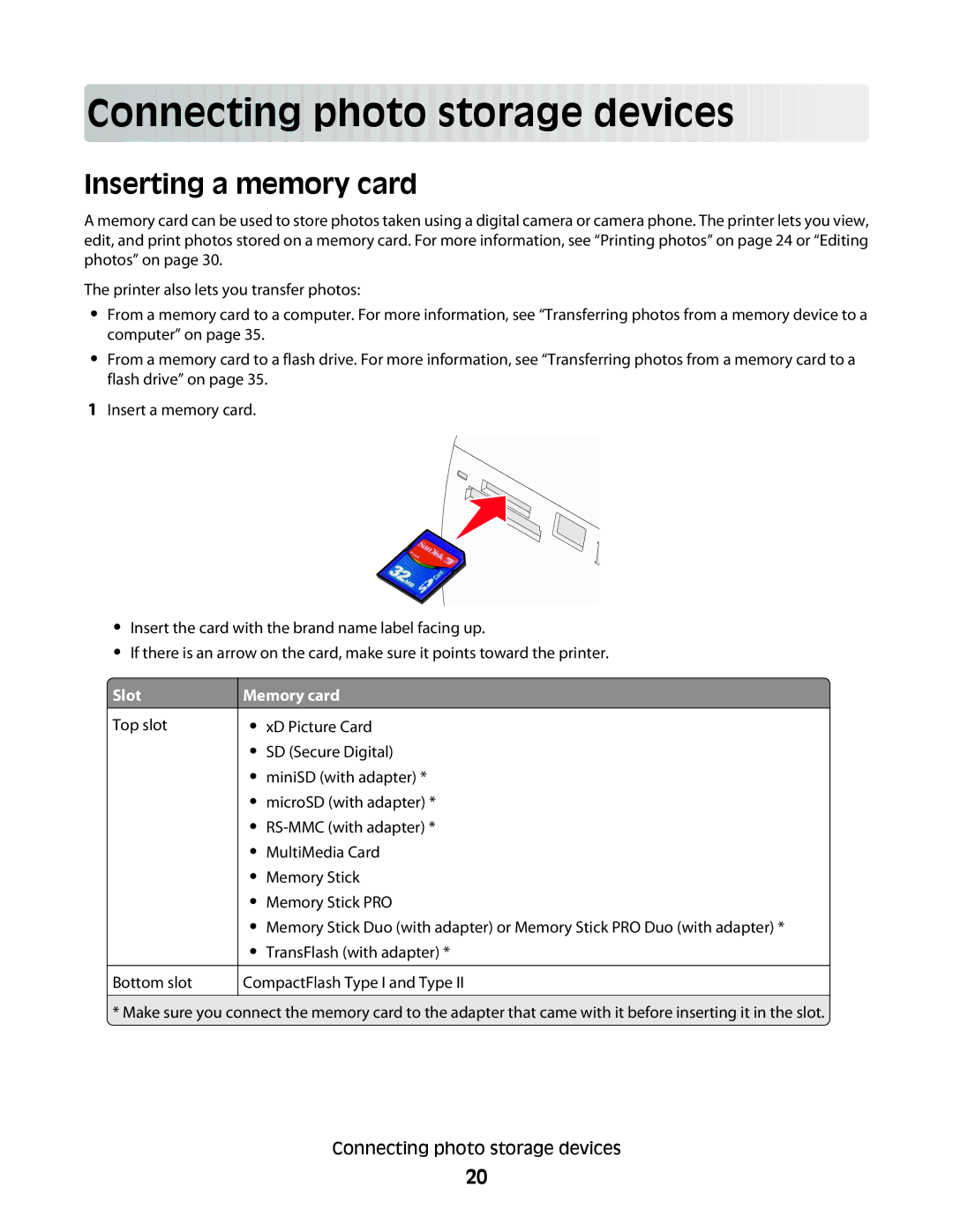 Lexmark 350 Series manual Con ne ctin g photo st o rag e devices, Inserting a memory card 