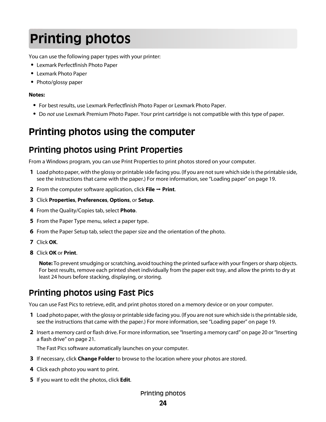 Lexmark 350 Series manual Prin ting p ho tos, Click Properties, Preferences, Options, or Setup 