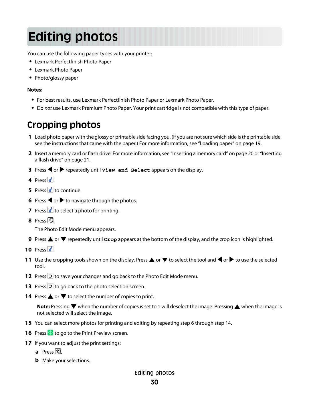 Lexmark 350 Series manual Editing photos, Cropping photos 