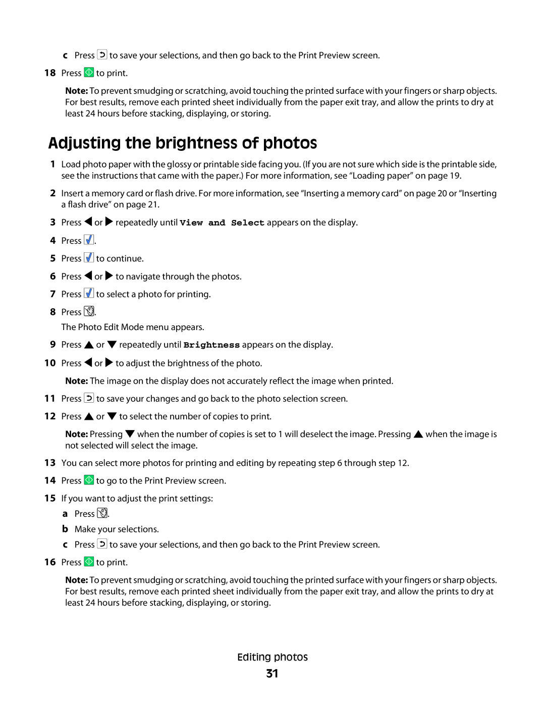 Lexmark 350 Series manual Adjusting the brightness of photos 