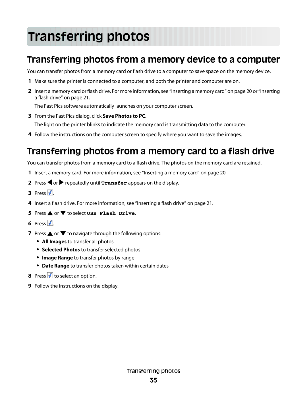 Lexmark 350 Series manual Trans ferring photos, Transferring photos from a memory device to a computer 