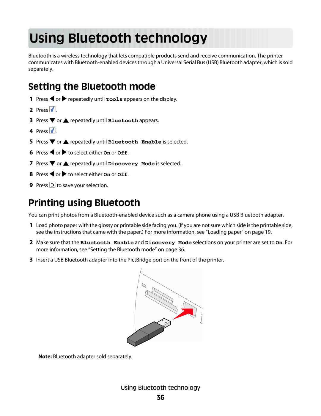 Lexmark 350 Series manual Using B lu etooth te chnolog y, Setting the Bluetooth mode, Printing using Bluetooth 