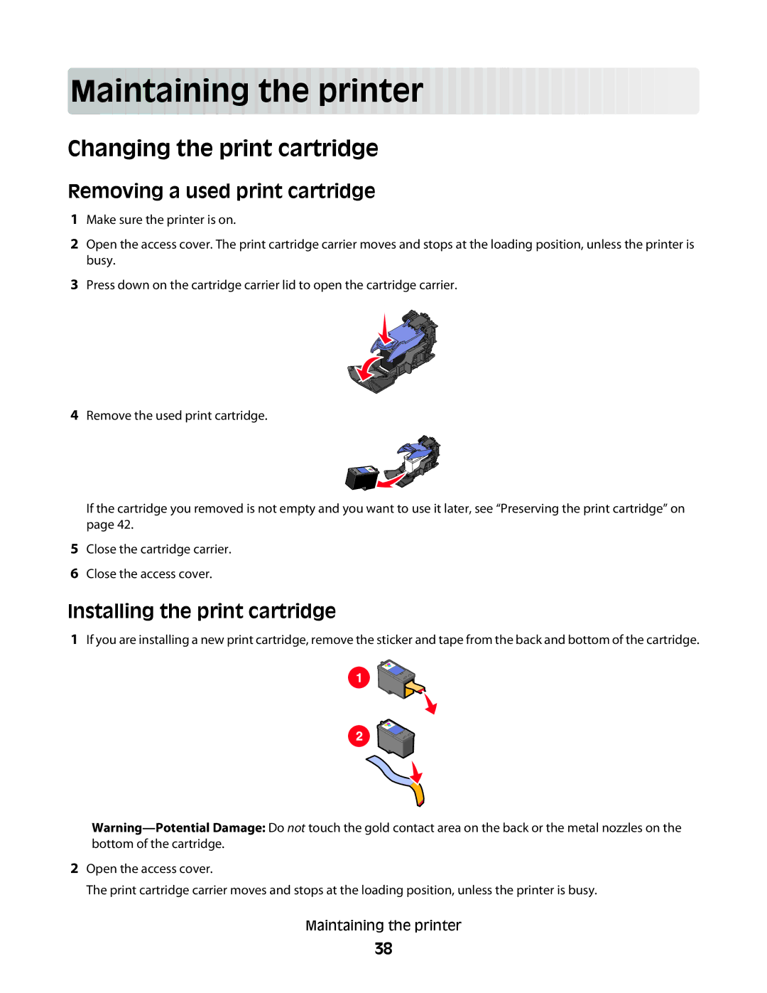 Lexmark 350 Series manual Main taining the prin t er, Changing the print cartridge, Removing a used print cartridge 