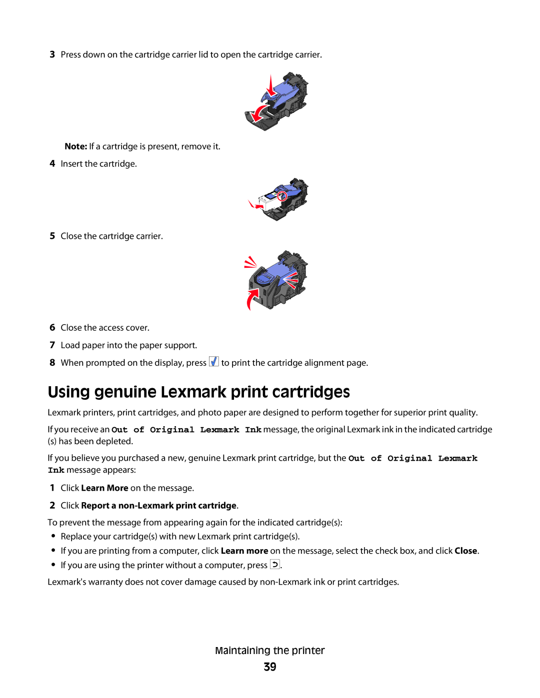 Lexmark 350 Series manual Using genuine Lexmark print cartridges, Click Report a non-Lexmark print cartridge 