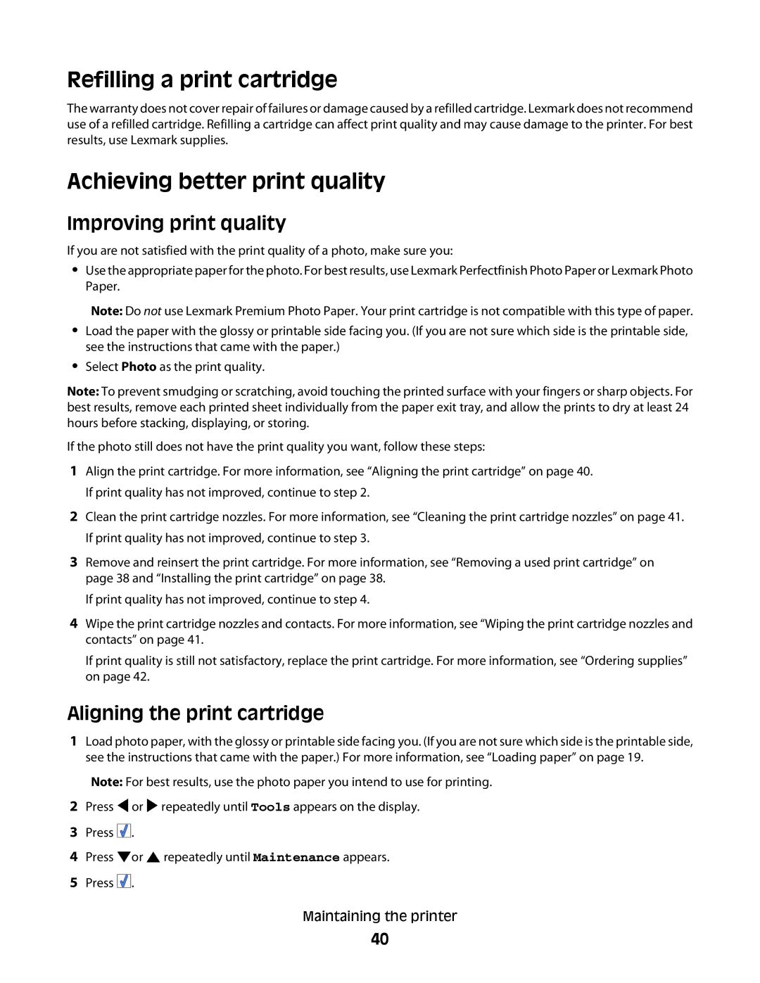 Lexmark 350 Series manual Refilling a print cartridge, Achieving better print quality, Improving print quality 