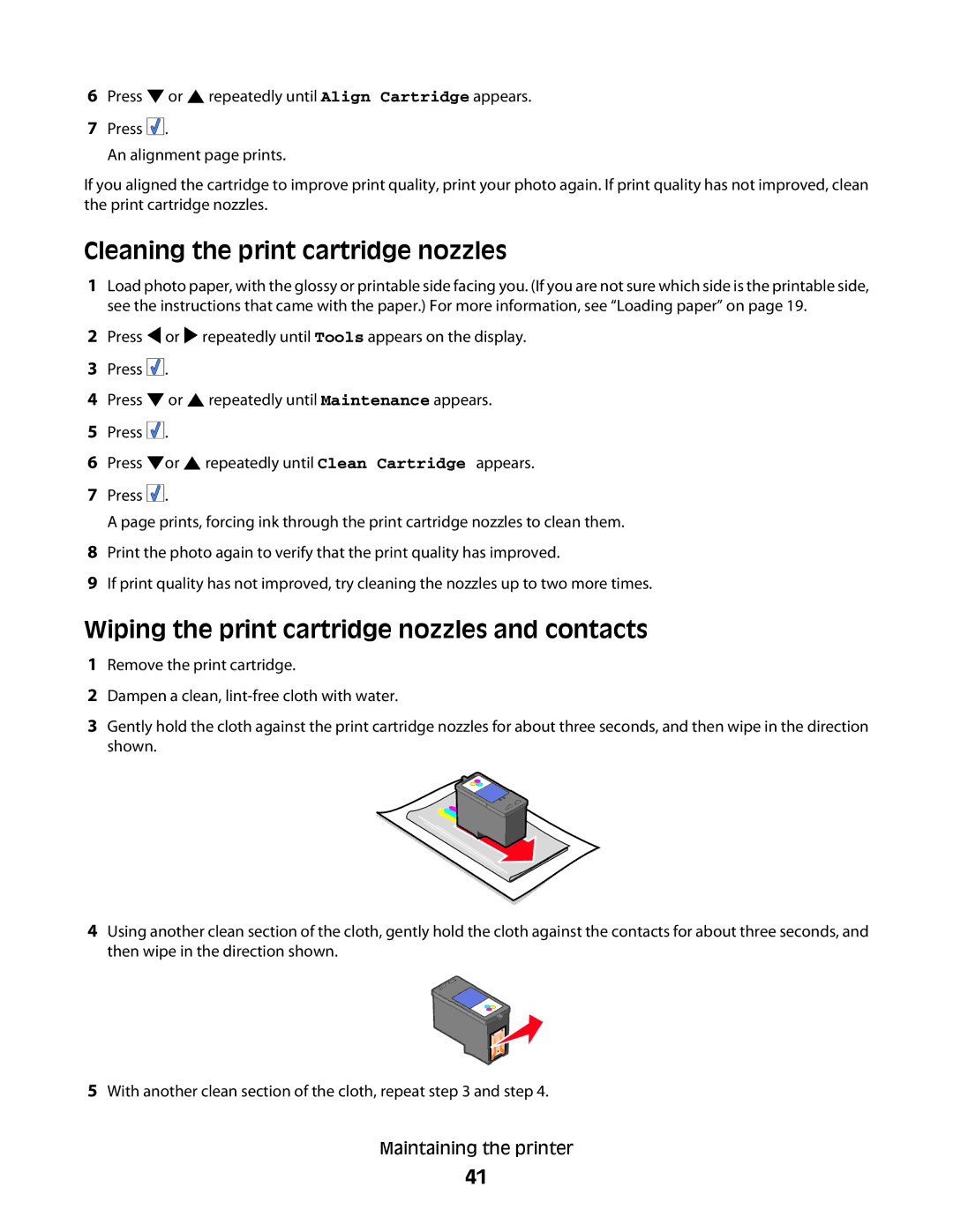 Lexmark 350 Series manual Cleaning the print cartridge nozzles, Wiping the print cartridge nozzles and contacts 