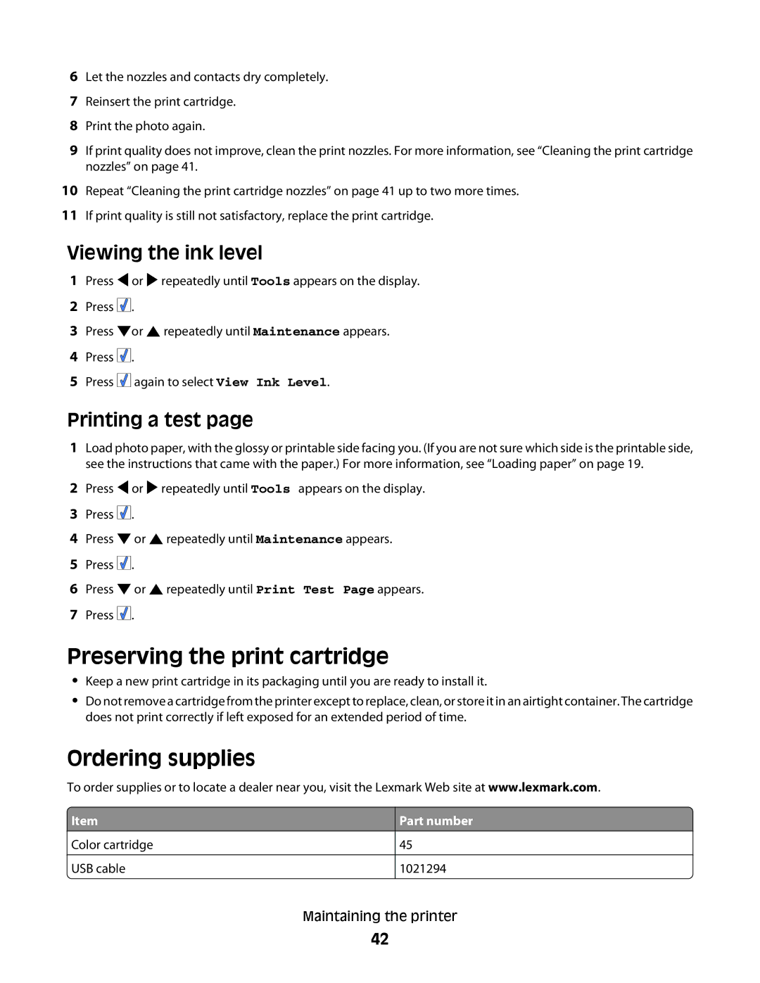 Lexmark 350 Series Preserving the print cartridge, Ordering supplies, Viewing the ink level, Printing a test, Part number 