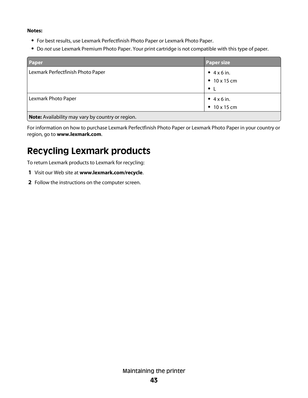 Lexmark 350 Series manual Recycling Lexmark products, Paper size 