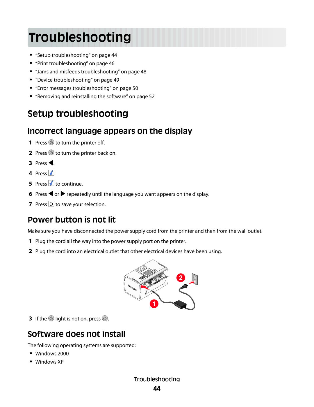 Lexmark 350 Series manual Troublesh oo tin g, Setup troubleshooting, Incorrect language appears on the display 