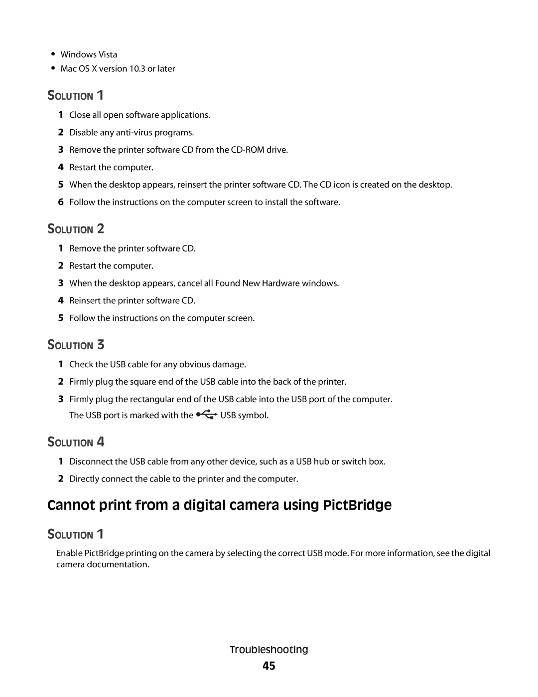 Lexmark 350 Series manual Cannot print from a digital camera using PictBridge, Solution 