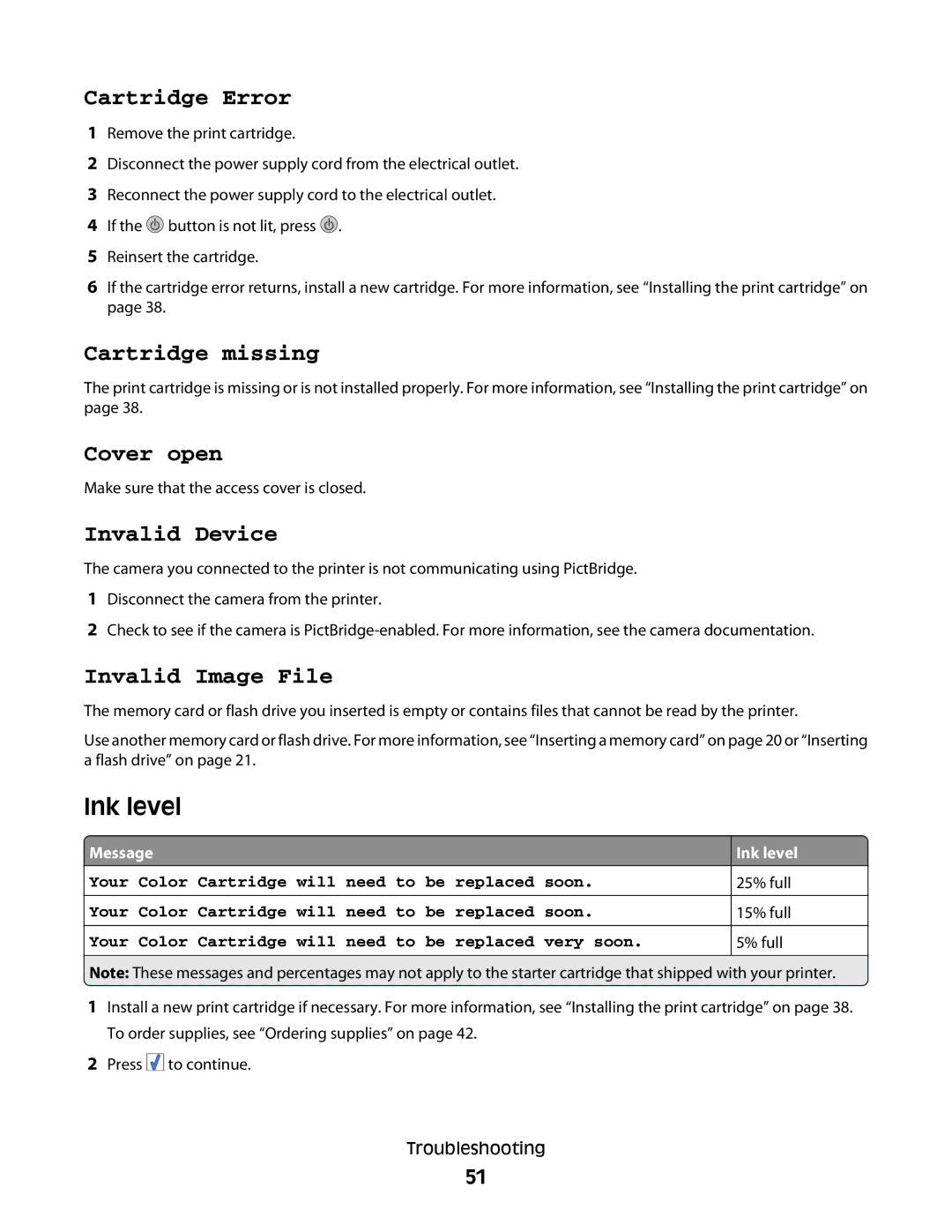 Lexmark 350 Series manual Cartridge Error 