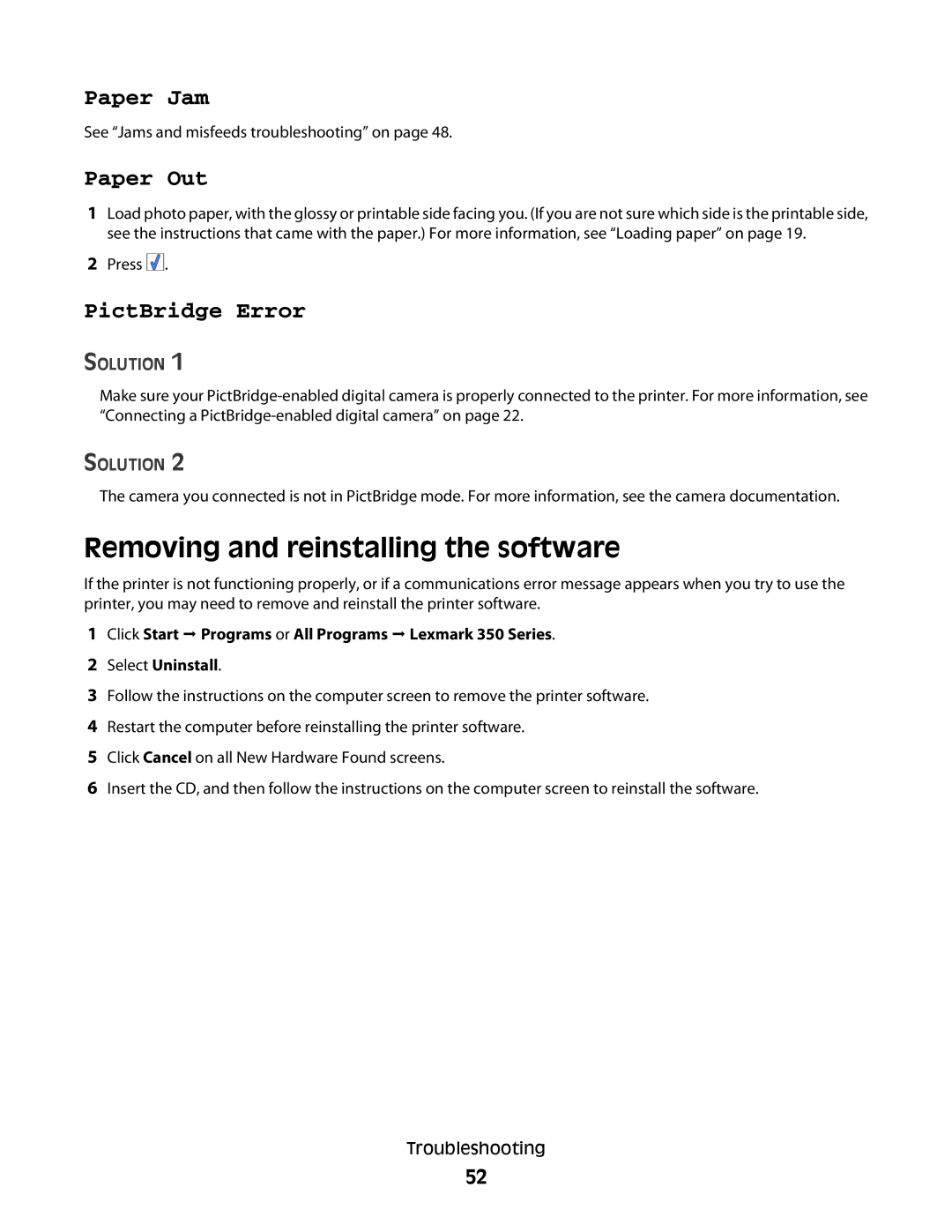 Lexmark 350 Series manual Removing and reinstalling the software, Paper Out 