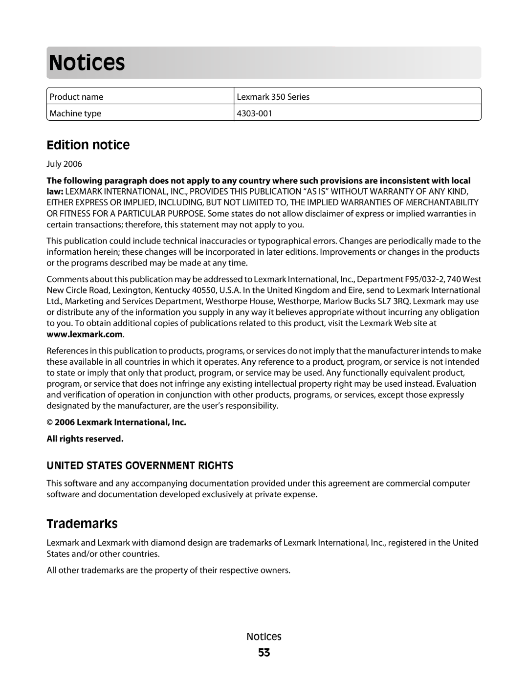 Lexmark 350 Series manual Edition notice 