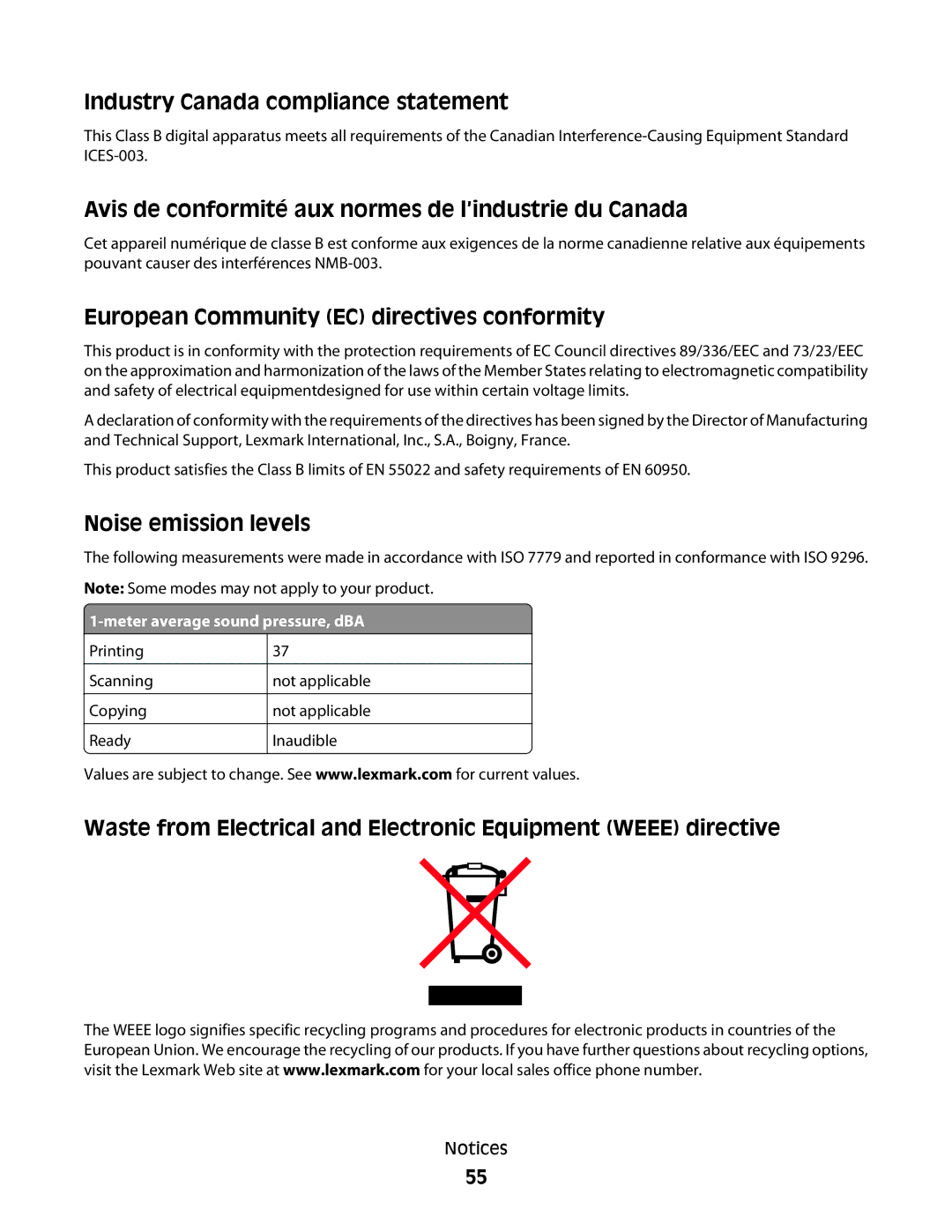 Lexmark 350 Series manual Industry Canada compliance statement, Meter average sound pressure, dBA 