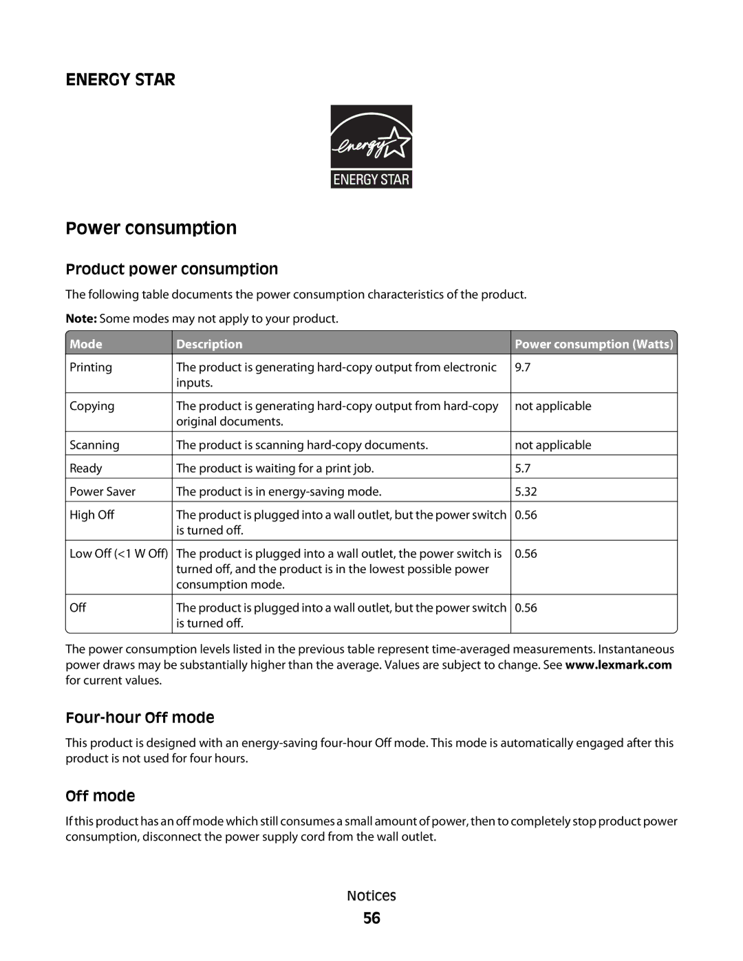 Lexmark 350 Series manual Energy Star, Mode 