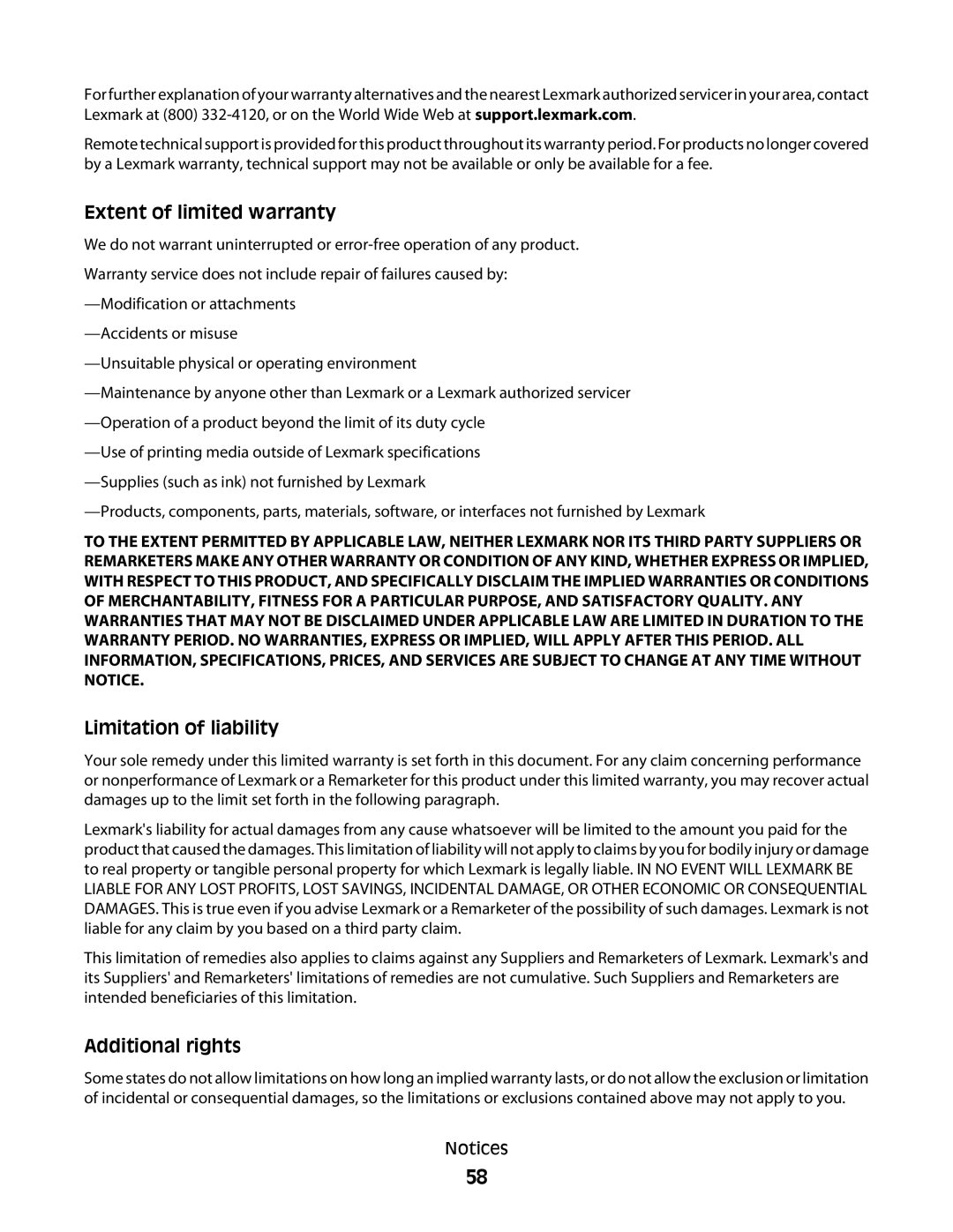 Lexmark 350 Series manual Extent of limited warranty 