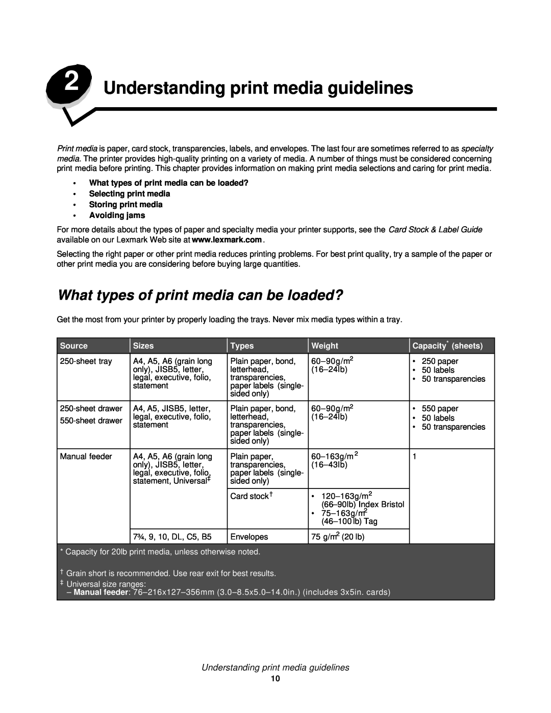 Lexmark 350d Understanding print media guidelines, What types of print media can be loaded?, Source, Sizes, Types, Weight 