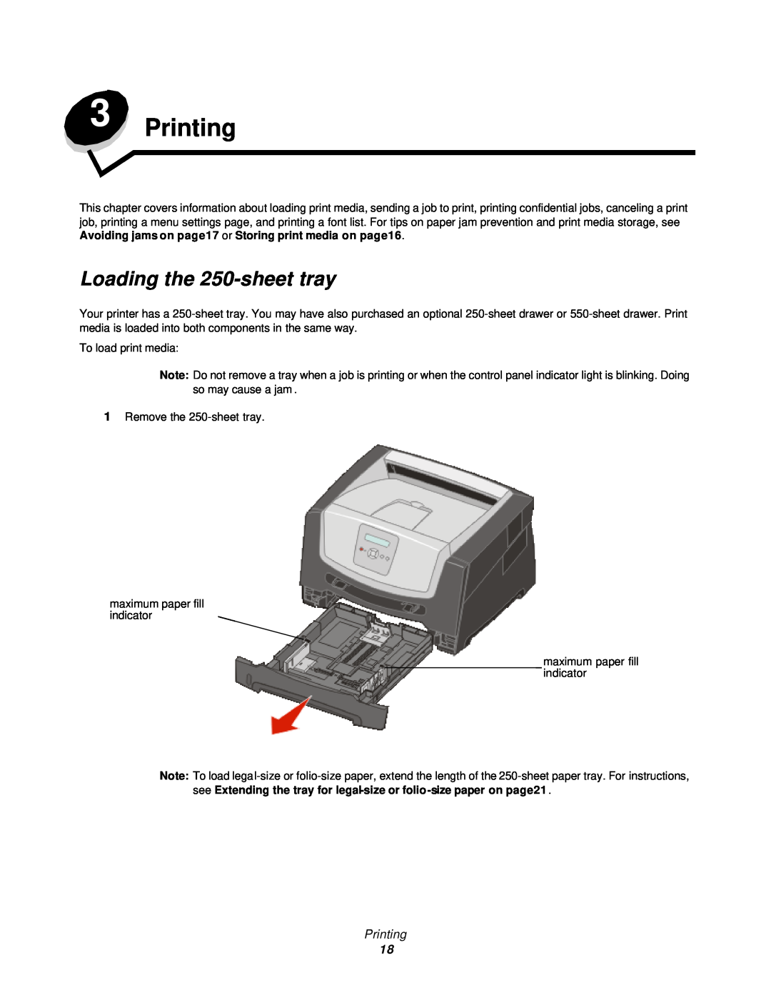 Lexmark 350d manual Printing, Loading the 250-sheet tray 
