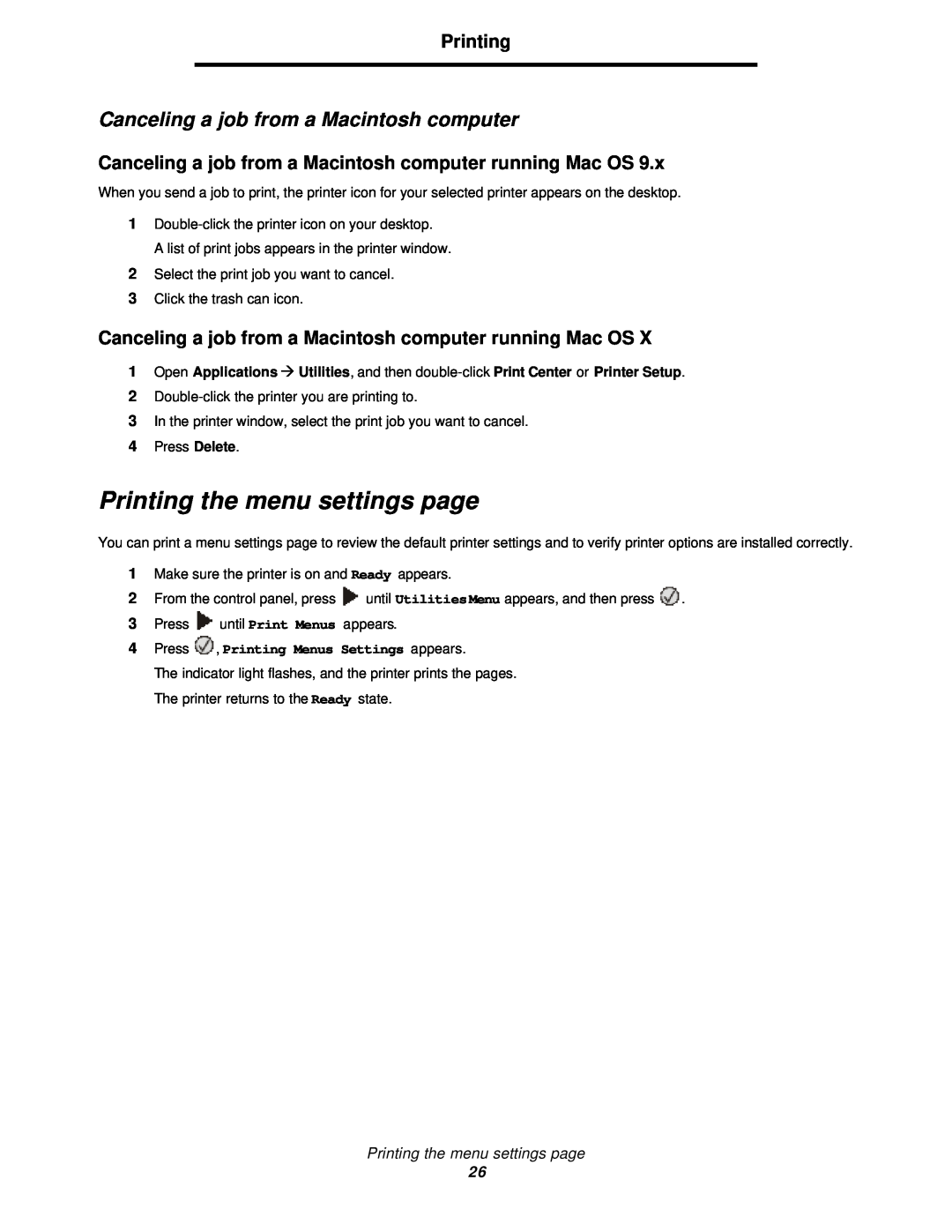 Lexmark 350d manual Printing the menu settings page, Canceling a job from a Macintosh computer 